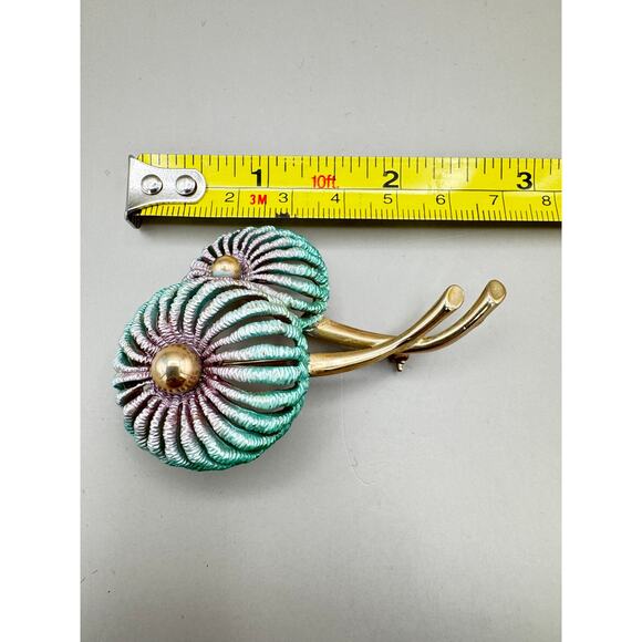 Vintage Enameled Teal and Purple Gold Tone Flower Brooch - Picture 8 of 8